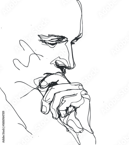 Minimalist line art sketch of a man in profile with hand on chin representing deep thought and contemplation