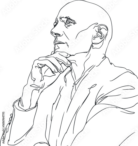 Line art drawing of a bald man in profile with a thoughtful expression, resting his chin on his hand.