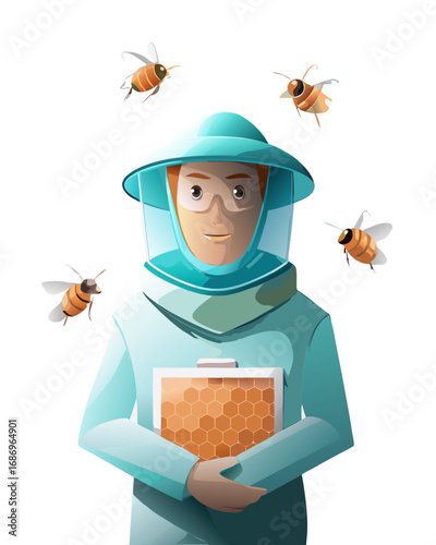vector of a beekeeper in full gear holding honeycomb frame, surrounded by bees, isolated on white
