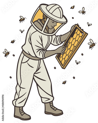 vector of a beekeeper in full gear holding honeycomb frame, surrounded by bees, isolated on white
