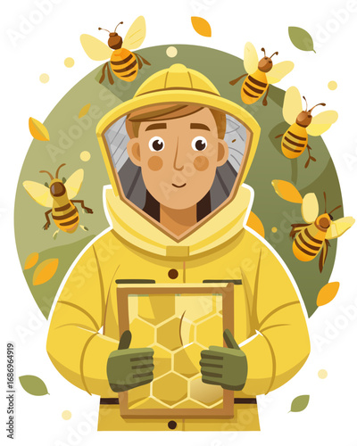 vector of a beekeeper in full gear holding honeycomb frame, surrounded by bees, isolated on white
