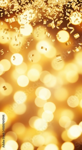 Vibrant Golden Confetti and Ribbons Cascading Over Warm Bokeh Lights, Festive Celebration Background