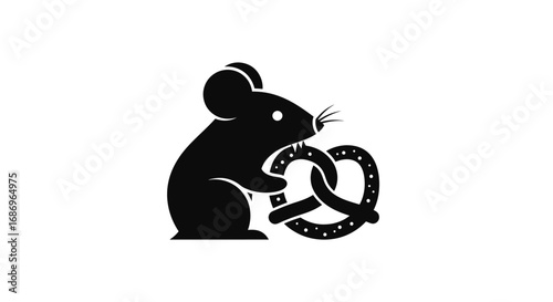 Simple black silhouette of a mouse holding a pretzel.