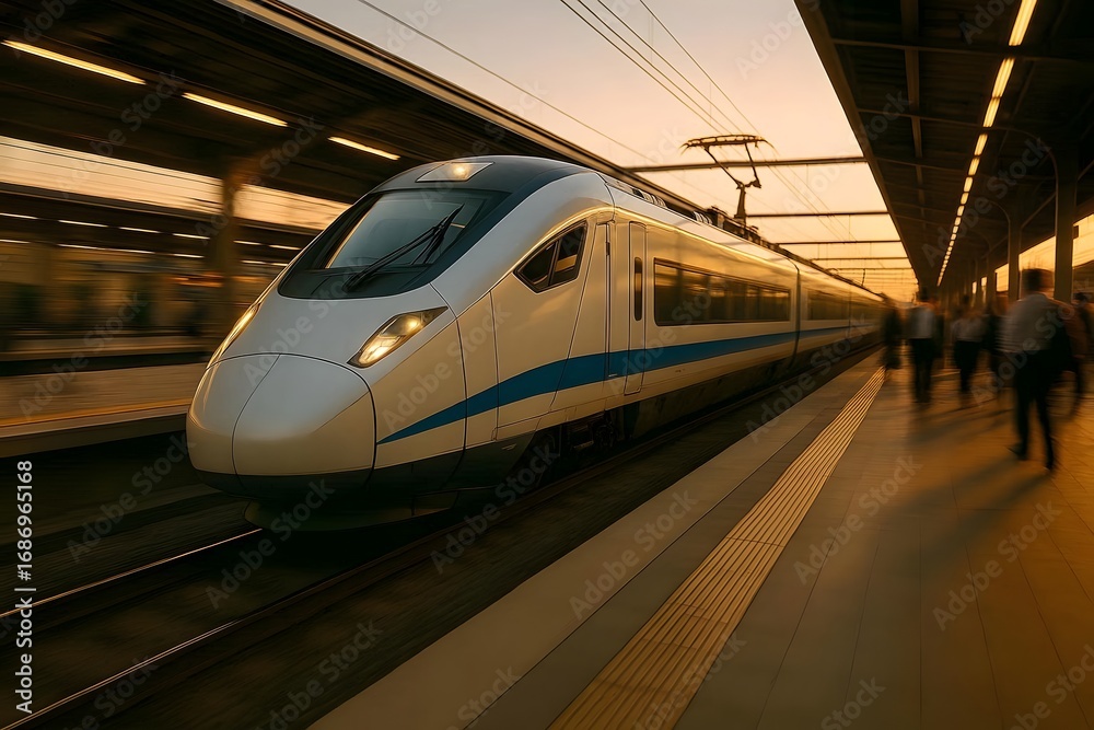 Fototapeta premium Modern high speed train arriving at station platform with motion blur during golden sunset