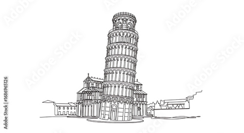 Simple one-line drawing of the Leaning Tower of Pisa, Italy. A world-famous freestanding bell tower known for its unintentional tilt.