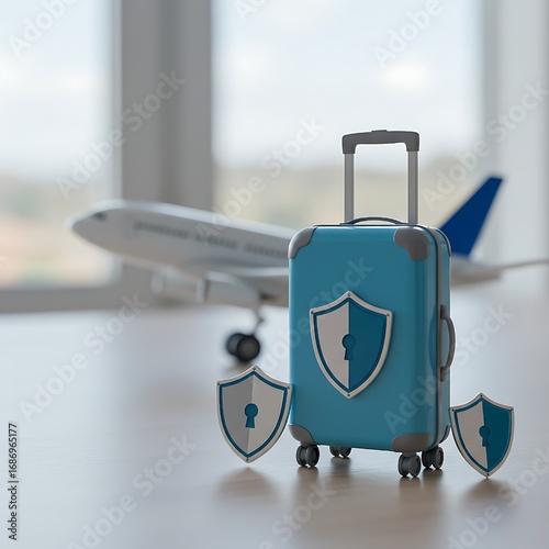 ​A small suitcase with a security shield highlights the need for secure travel and baggage insurance
