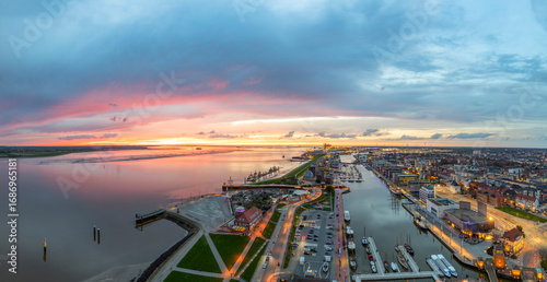 Panoramic view of Bremerhaven harbour in the evening time. Germany
