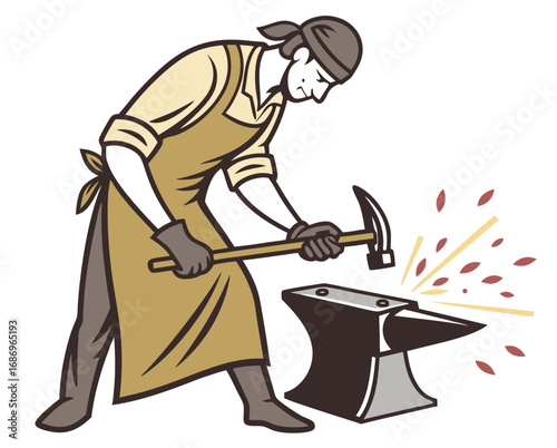 vector of a blacksmith hammering hot metal on anvil, sparks flying, wearing apron and gloves, white background

