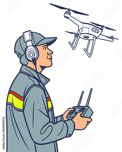 vector of a professional drone pilot operating drone via remote control, drone flying overhead, white background
