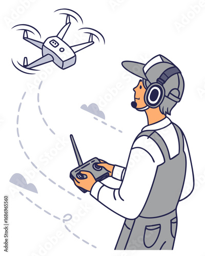 vector of a professional drone pilot operating drone via remote control, drone flying overhead, white background
