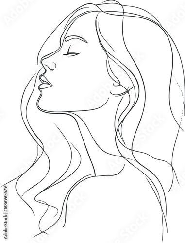 Minimalist line art drawing of a woman in profile with flowing hair and closed eyes, conveying calm and elegance.