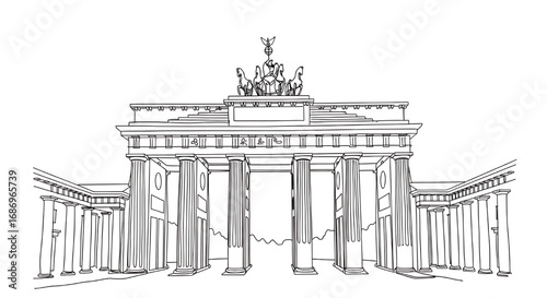 Single line art of the iconic Brandenburg Gate in Berlin. A neoclassical triumphal arch and a famous symbol of Germany.