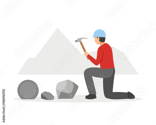 vector of a geologist kneeling with magnifier and rock samples, mountain or cave background, white background
