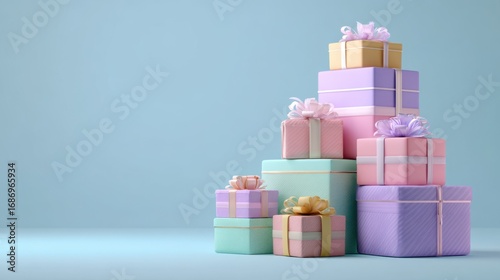 A stack of colorful gift boxes in different sizes, wrapped in pastel tones with ribbons, arranged against a bright minimal background