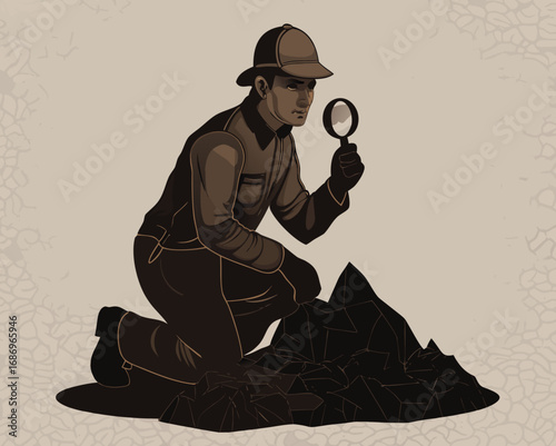 vector of a geologist kneeling with magnifier and rock samples, mountain or cave background, white background
