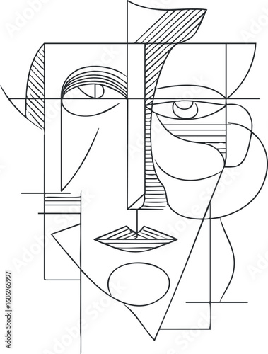 Abstract minimalist line art of a cubism-inspired human face with geometric shapes and lines