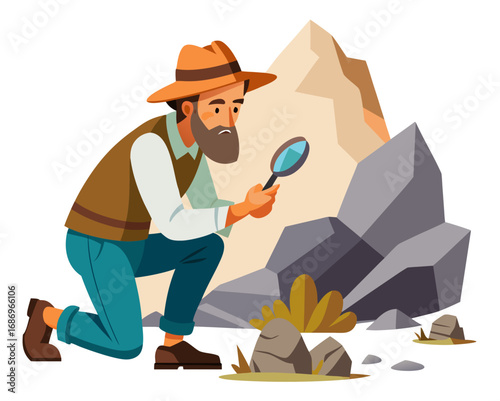 vector of a geologist kneeling with magnifier and rock samples, mountain or cave background, white background
