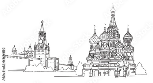 Continuous line illustration of the vibrant Saint Basil's Cathedral in Moscow's Red Square. An icon of Russian architecture.
