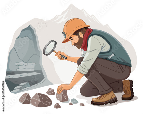 vector of a geologist kneeling with magnifier and rock samples, mountain or cave background, white background
