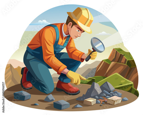 vector of a geologist kneeling with magnifier and rock samples, mountain or cave background, white background
