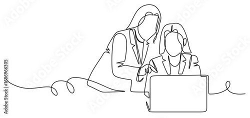 Continuous line art of two women in business suits discussing in front of a laptop. Teamwork. Vector illustration.