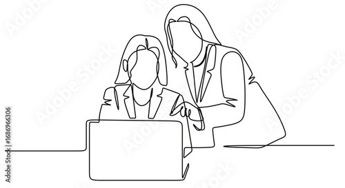 Continuous line art of two women in business suits discussing in front of a laptop. Teamwork. Vector illustration.