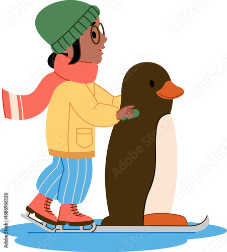 Child Ice Skating with Penguin