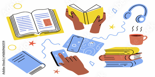 Diverse collection of reading materials and accessories for learning and relaxation