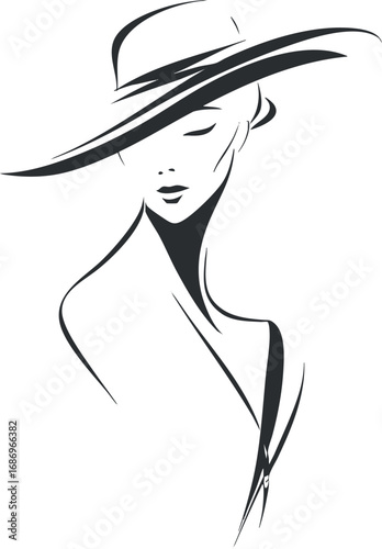 Elegant minimalist line drawing of a woman wearing a wide-brimmed hat with closed eyes