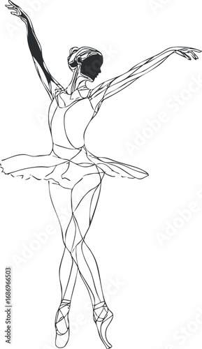 Line art illustration of a graceful female ballet dancer in tutu performing a classical pose
