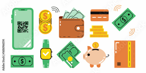 Digital and traditional payment methods including smartphone with qr code wallet credit card cash coins and piggy bank