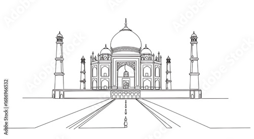 Elegant one-line art illustration of the Taj Mahal in Agra, India. An ivory-white marble mausoleum and a universally admired world masterpiece.