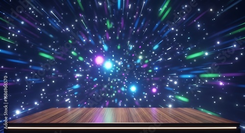 Wooden Tabletop with Colorful Starbursts and Glowing Particles in Space