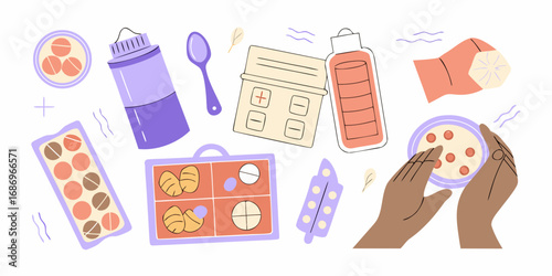 Flat illustration of various medical supplies including pills capsules bottles and a hand holding a petri dish