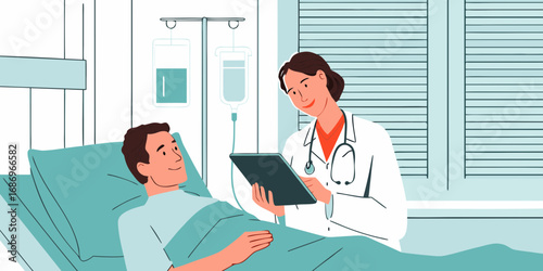 Doctor consulting with a patient in a hospital bed using a tablet computer