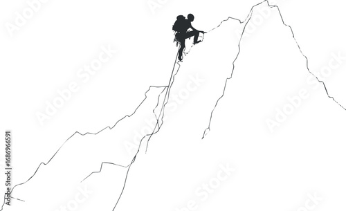 Silhouette of a climber ascending a steep mountain peak with climbing gear and rope