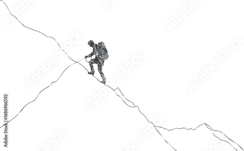Minimalistic line art of a climber ascending a steep mountain slope using a rope and backpack