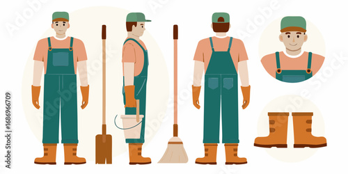 Gardener or cleaner character with tools and equipment shown from different angles