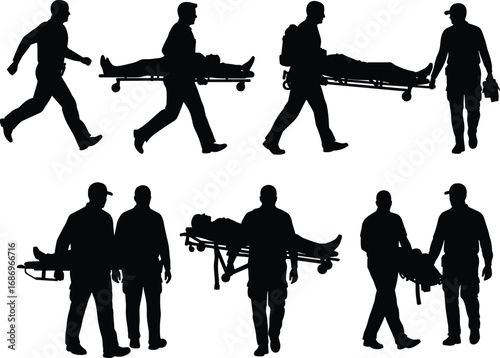 Emergency responder silhouettes, stretcher transport scenes, medical teamwork, patient care, ambulance crew, crisis response, healthcare action, uniformed staff, vector illustration, rescue concept
