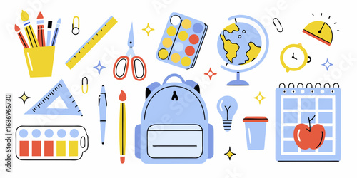 Collection of colorful school supplies and educational items on a white background