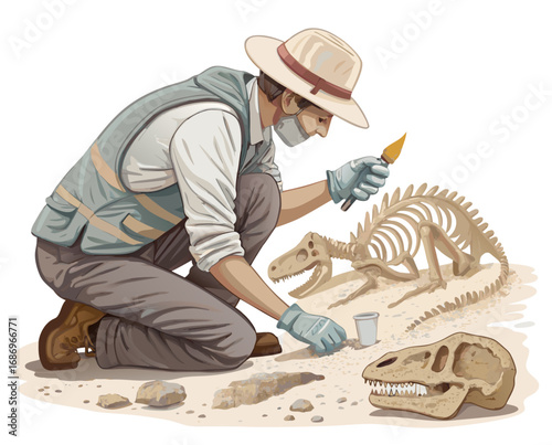 vector of a paleontologist brushing off dinosaur bones in excavation site, wearing hat, white background
