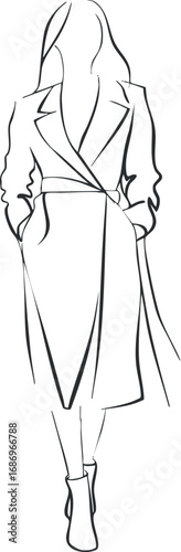 Fashion illustration of a woman wearing a long coat and ankle boots with hands in pockets