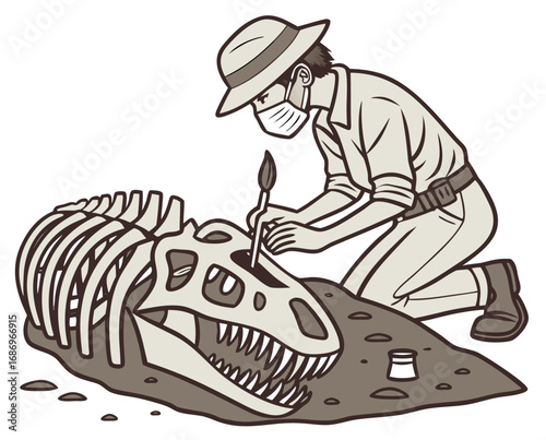 vector of a paleontologist brushing off dinosaur bones in excavation site, wearing hat, white background
