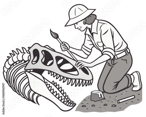 vector of a paleontologist brushing off dinosaur bones in excavation site, wearing hat, white background
