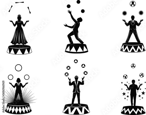 Juggler silhouettes on platforms, performance poses, juggling balls and clubs, entertainment art, circus act, dynamic motion, vector illustration, stage concept, skill display