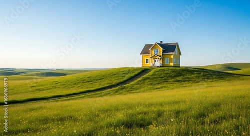 Yellow House Perched atop Rolling Green Hills Under a Clear Blue Sky