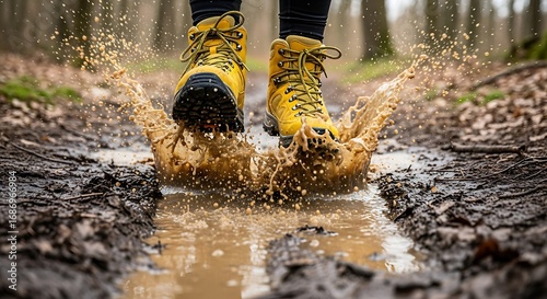 Yellow Hiking Boots Splashing Through Muddy Water in Forest Trail
