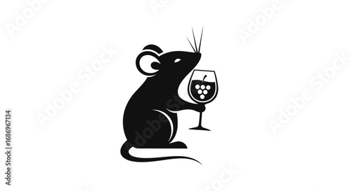 Black silhouette of a rat holding a wine glass with grapes.