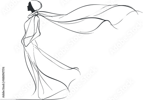 Minimalist black and white line art of a woman in profile with a flowing scarf blowing in the wind
