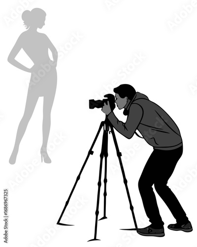 vector of a photographer holding DSLR camera on tripod, with model silhouette, clean vector on white
